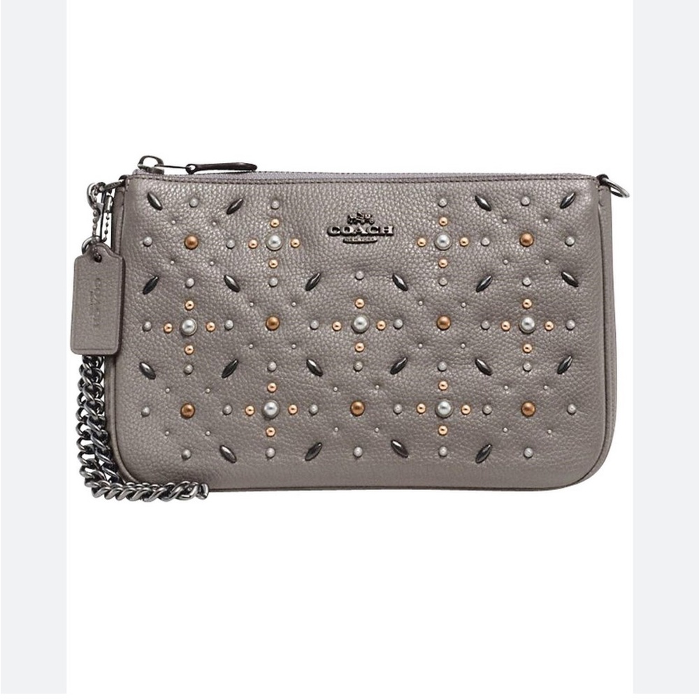 Coach Gray Studded Leather Wristlet with Mixed Metal Accents